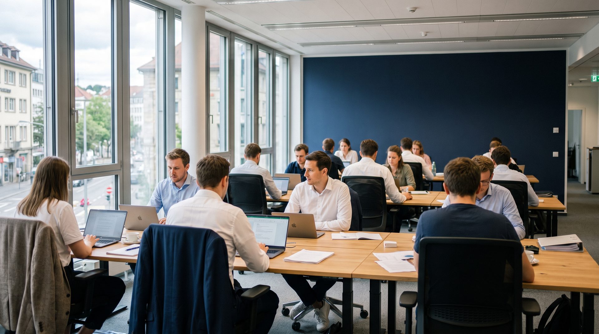 Offenes Büro mit mehreren Arbeitsplätzen, Menschen arbeiten an Laptops vor einer dunkelblauen Wand