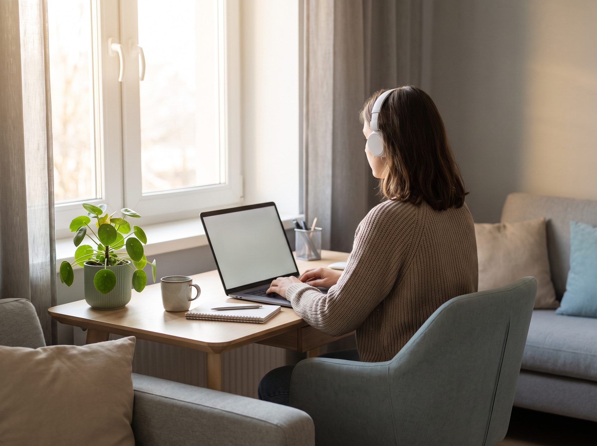 Homeoffice-Arbeitsplatz am Fenster: eine Person arbeitet von hinten gesehen am Laptop mit Headset