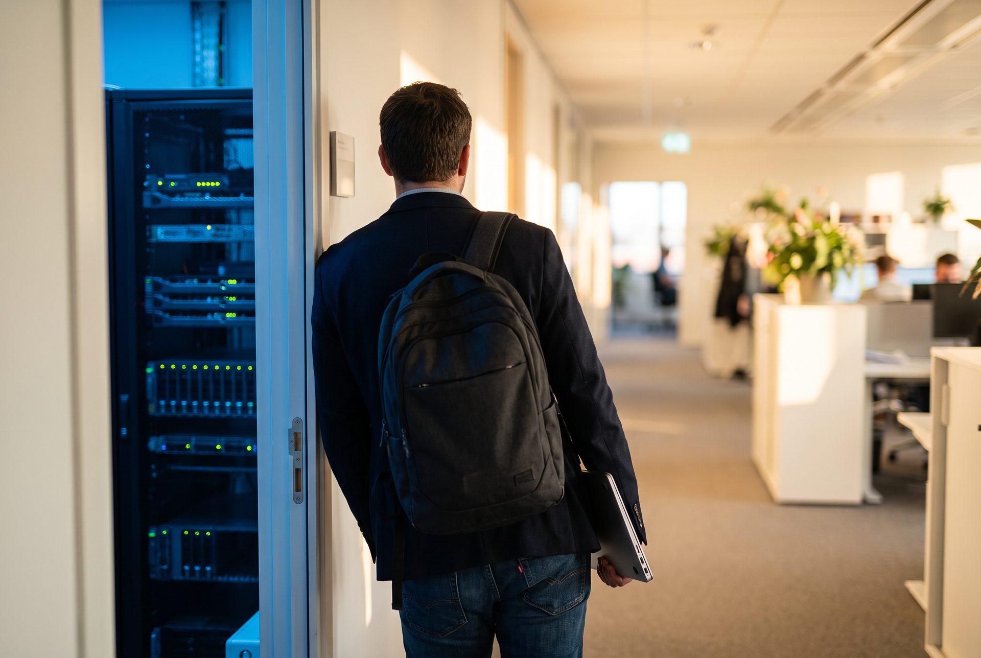 Person mit Rucksack geht an einem offenen Serverschrank vorbei in ein helles Büro