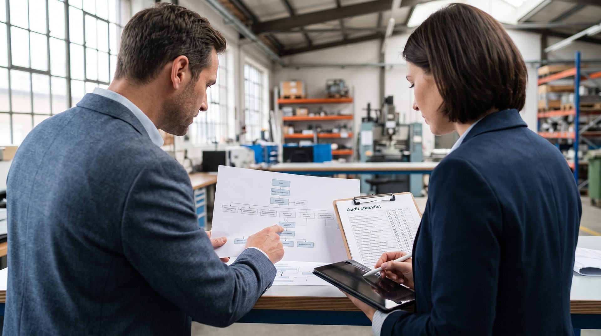 Zwei Personen prüfen an einem Schreibtisch einen ausgedruckten Prozessablauf und eine Audit-Checkliste