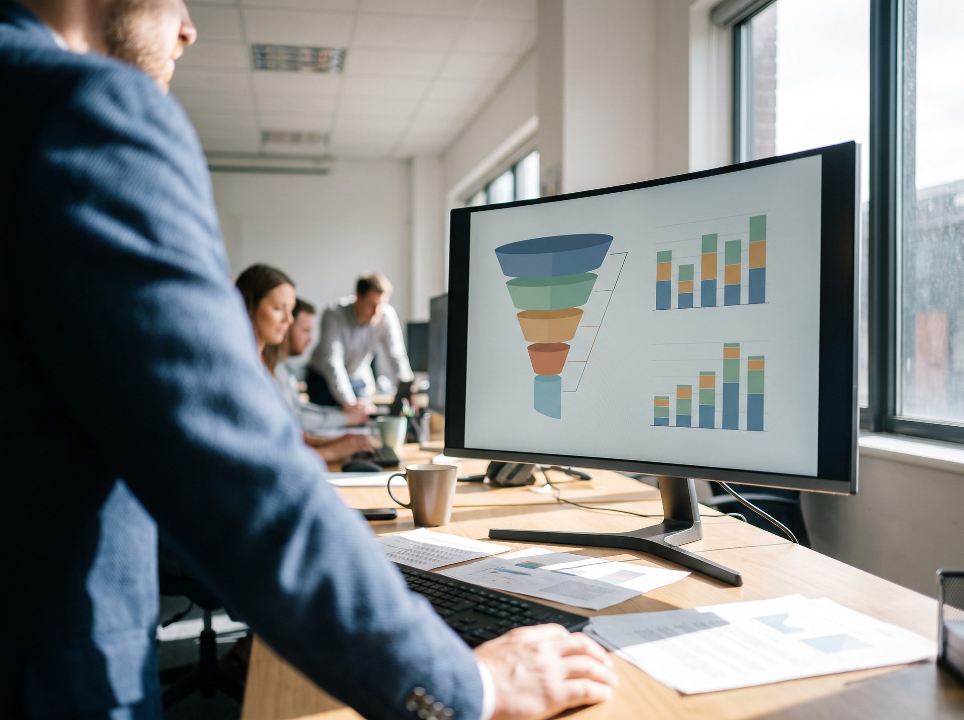 Monitor mit Marketing-Diagrammen und Trichtergrafik, im Hintergrund besprechen sich Kolleginnen und Kollegen