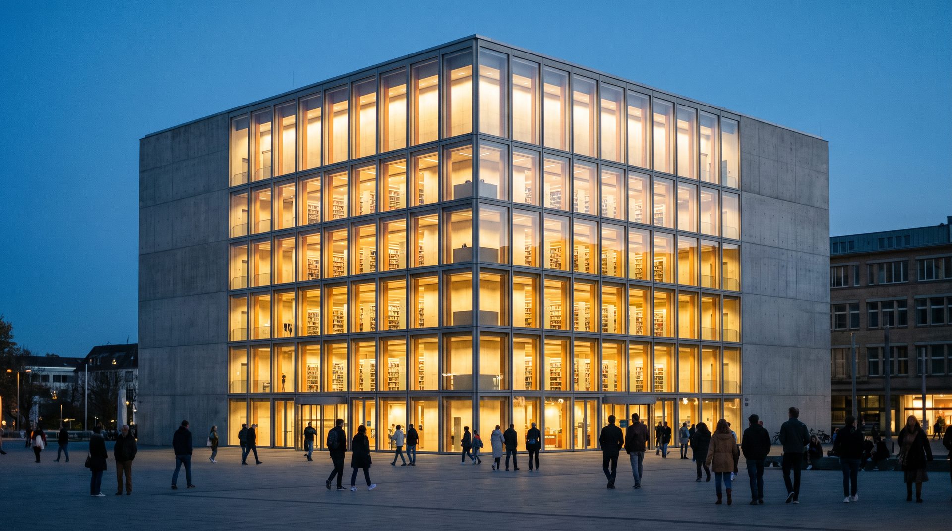 Beleuchteter Würfelbau mit Fensterraster bei Dämmerung, inspiriert von der Stuttgarter Stadtbibliothek