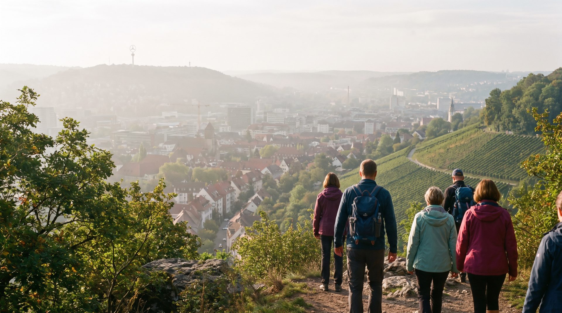 Blick von den Weinbergen über den Stuttgarter Talkessel, eine Gruppe auf einem Wanderweg